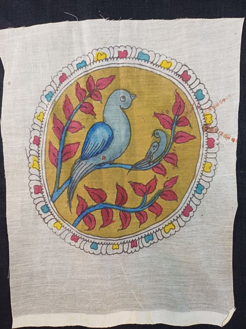 Kalamkari round patch with bird design and border, shown in a round shape