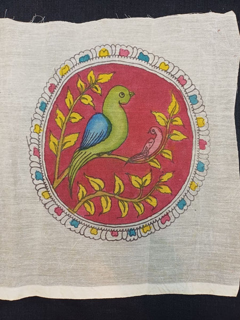 Red Kalamkari round bird patch with a border and bird design