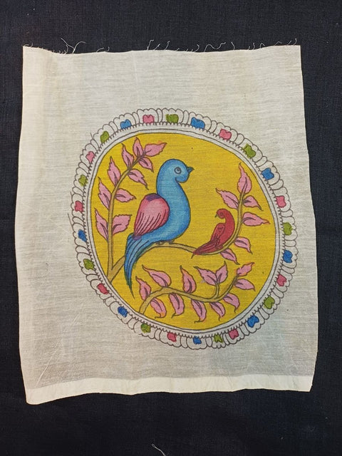 Cream Kalamkari round bird patch with border and placement pattern, 7 inch diameter