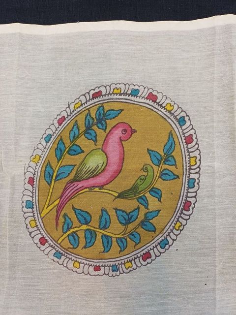 Kalamkari round bird patch with border detail and placement pattern, 7 inch diameter