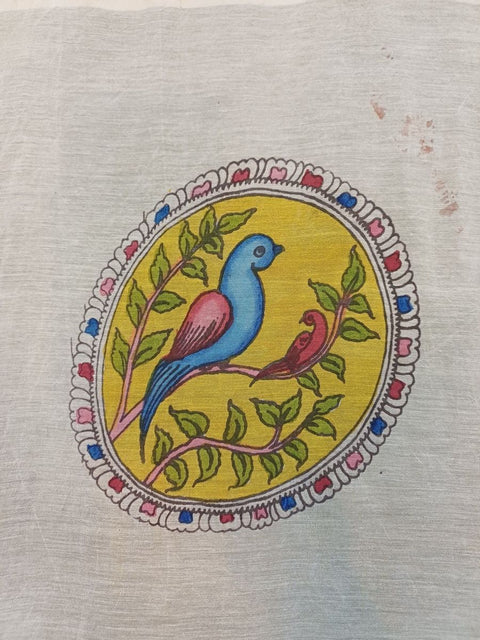 Yellow Kalamkari round patch with bird design and border detail