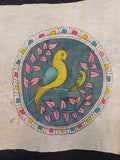 Blue round Kalamkari patch with bird design and border, 7 inch diameter