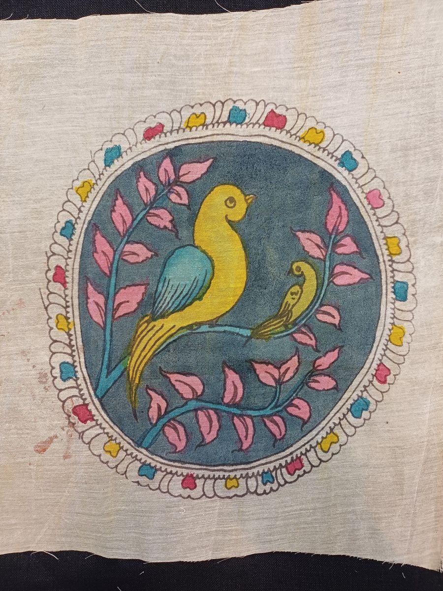 Blue round Kalamkari patch with bird design and border, 7 inch diameter