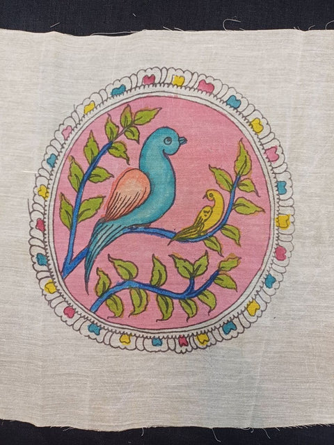 Pink round Kalamkari patch with bird design and border detail