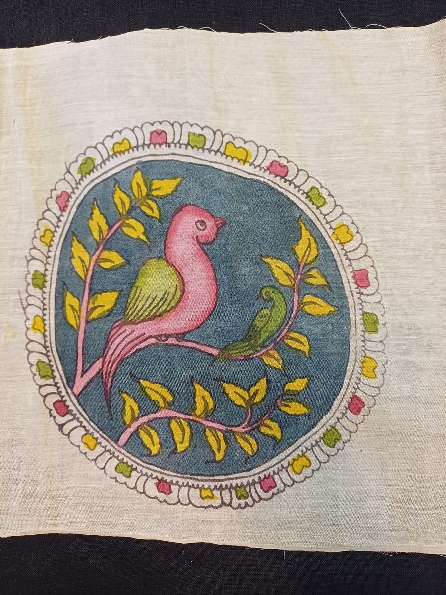 Multicolor Kalamkari round patch with bird design, border, and placement pattern