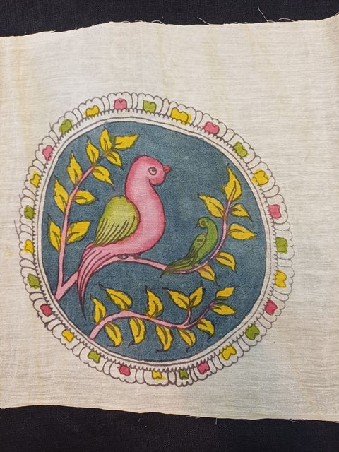 Multicolor Kalamkari round patch with bird design, border, and placement pattern