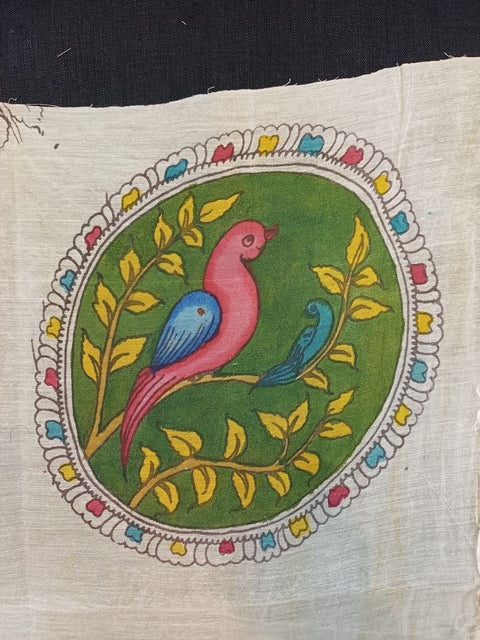 Cream round Kalamkari silk patch with bird design and border