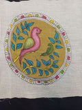 Kalamkari Bangalore Silk round bird patch with a bird design, border and 7 inch diameter