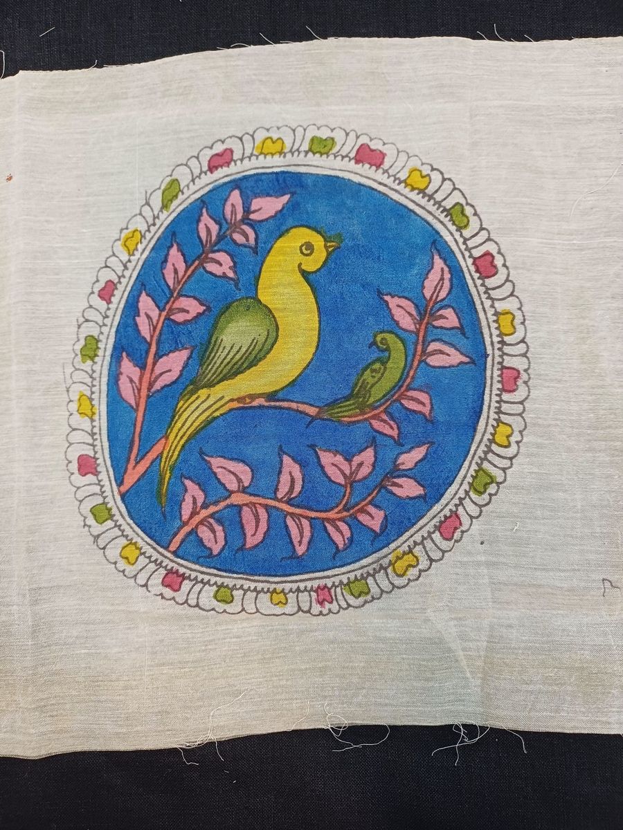 Blue round Kalamkari patch with bird design and border