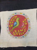 Red Kalamkari round bird patch with bordered placement pattern and round shape