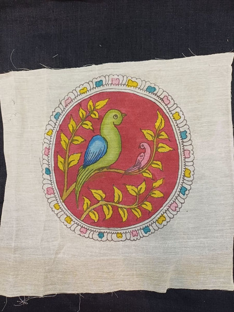 Red Kalamkari round bird patch with bordered placement pattern and round shape
