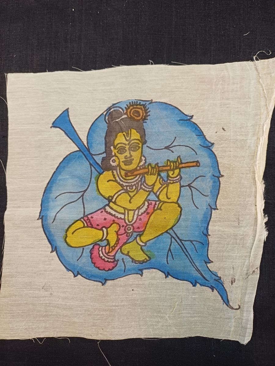 Kalamkari Leaf Kanha patch with elegant figurative design and fringe detail in a neat 8 x 6 inch format.
