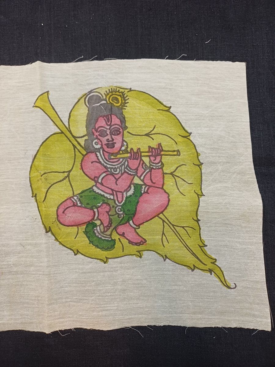 Cream Kalamkari patch with elegant Leaf Kanha design, 8 x 6 in