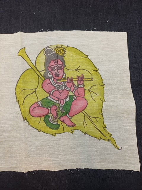 Cream Kalamkari patch with elegant Leaf Kanha design, 8 x 6 in