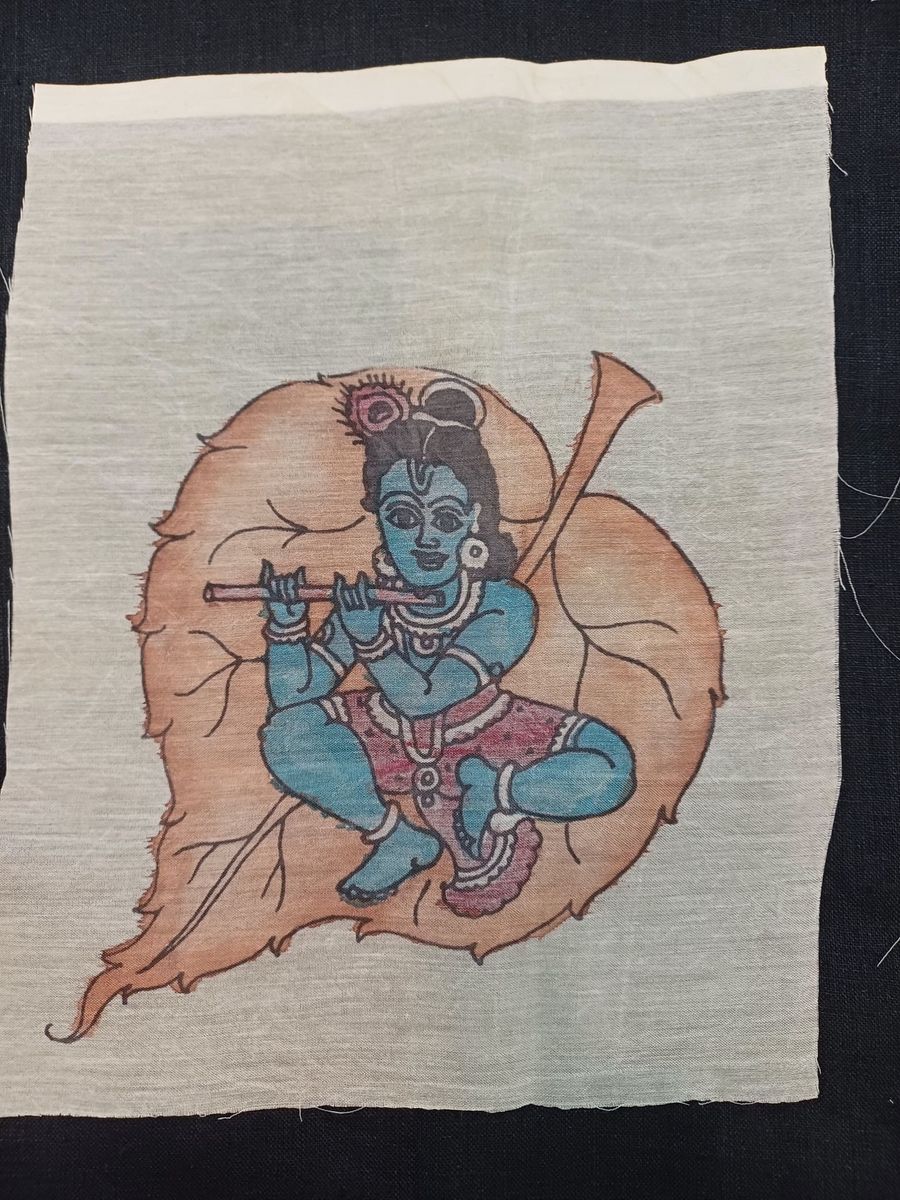 Cream Kalamkari patch with an elegant Leaf Kanha design, 8 x 6 inch
