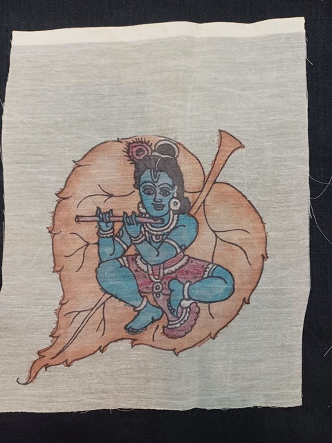 Cream Kalamkari patch with an elegant Leaf Kanha design, 8 x 6 inch