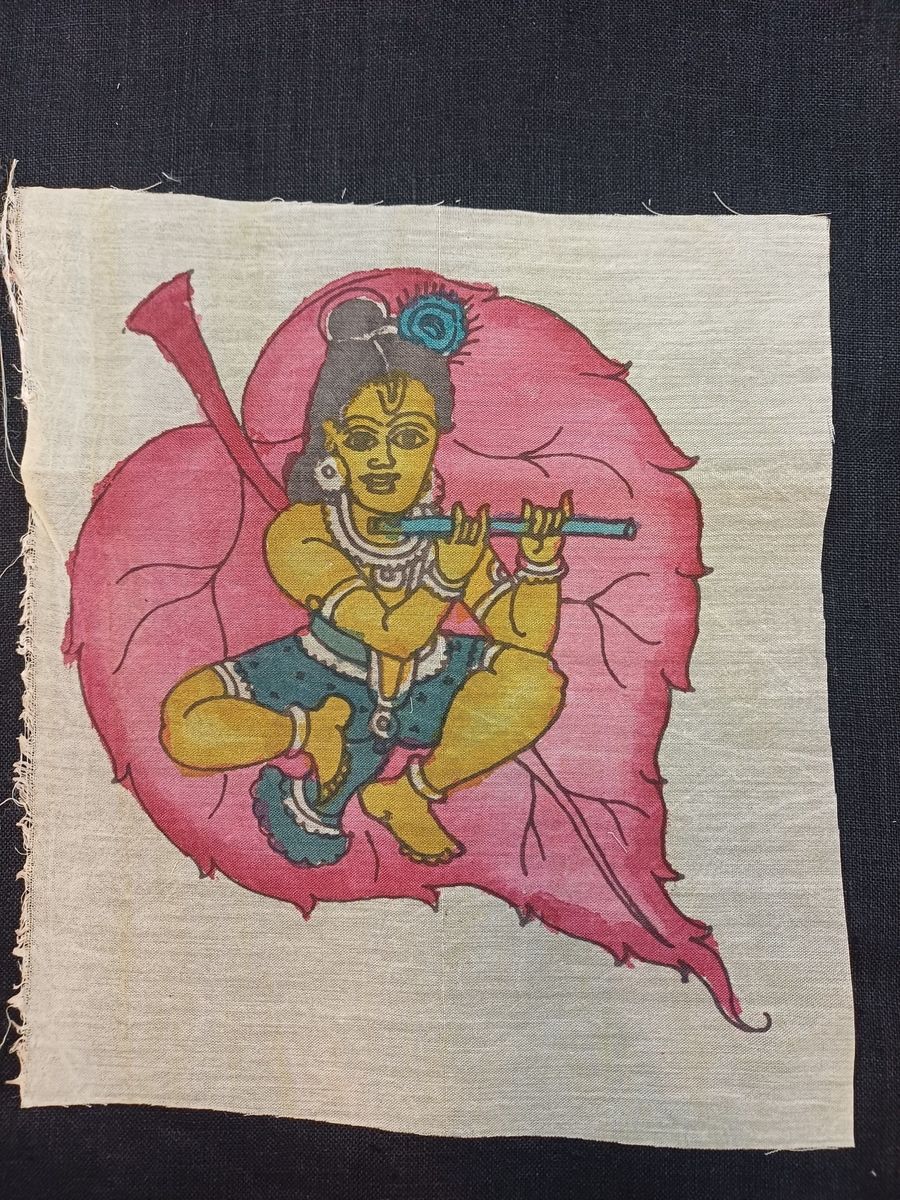 Cream Kalamkari patch with a figurative Leaf Kanha design and fringe