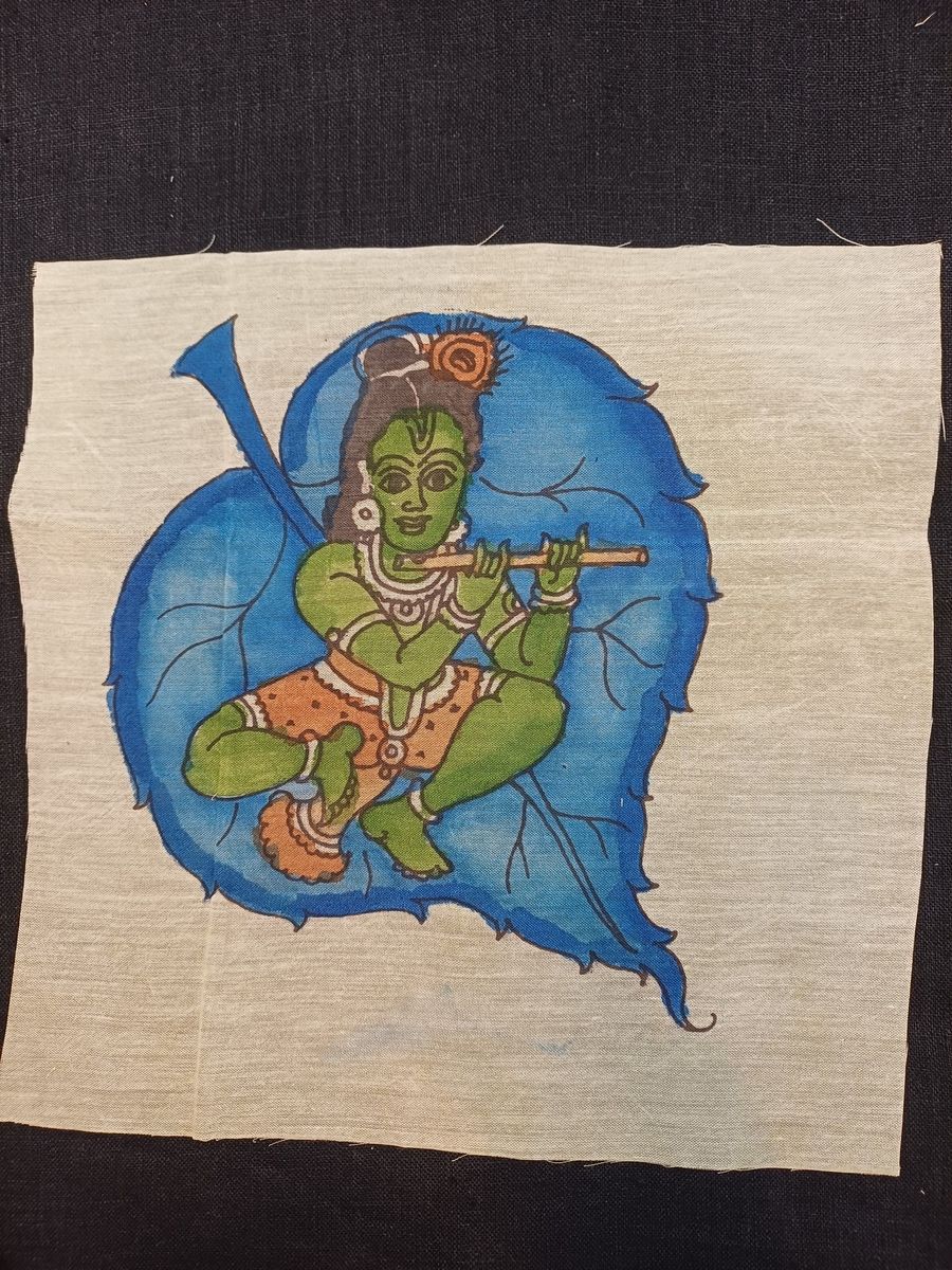 Kalamkari Leaf Kanha figurative patch in elegant design, 8 inch by 6 inch