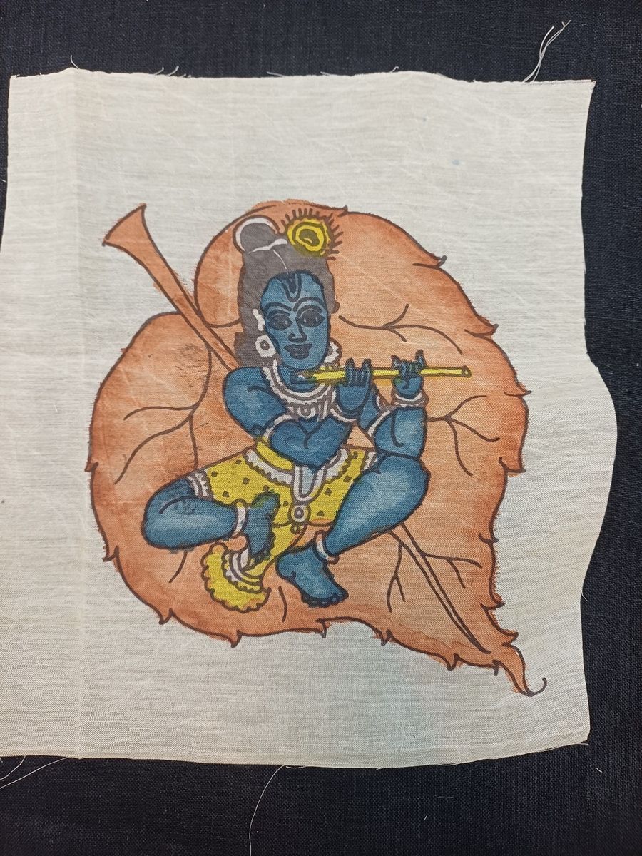 Cream Kalamkari patch with a figurative Leaf Kanha design, shown in 8 inch by 6 inch size