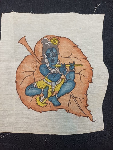 Cream Kalamkari patch with a figurative Leaf Kanha design, shown in 8 inch by 6 inch size