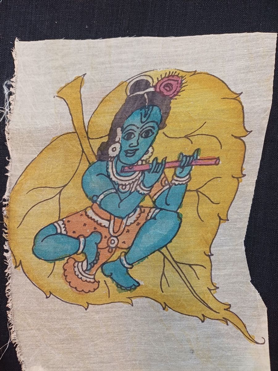 Multicolor Kalamkari Leaf Kanha silk patch with placement pattern and fringed edge