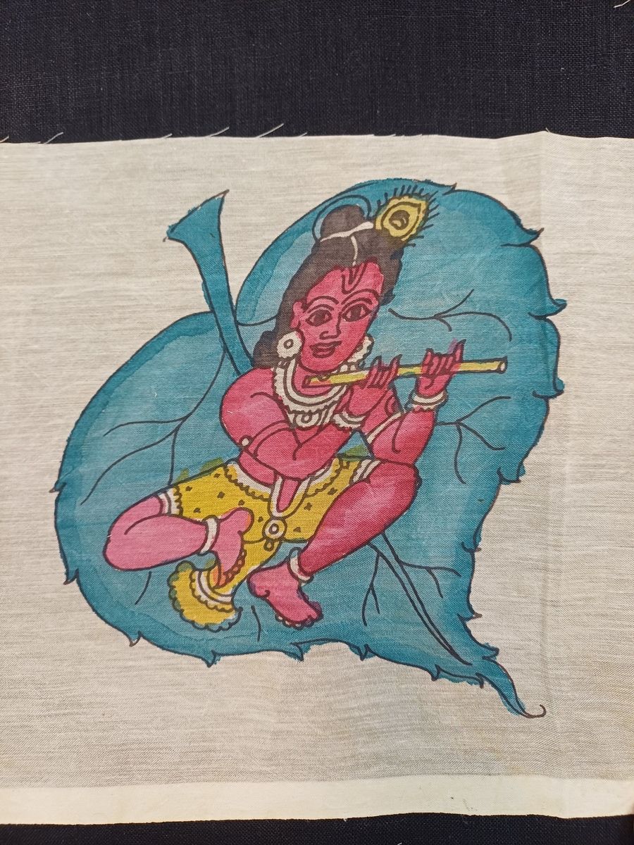 Kalamkari Bangalore Silk patch with an elegant figurative design and border in 8 x 6 inch size