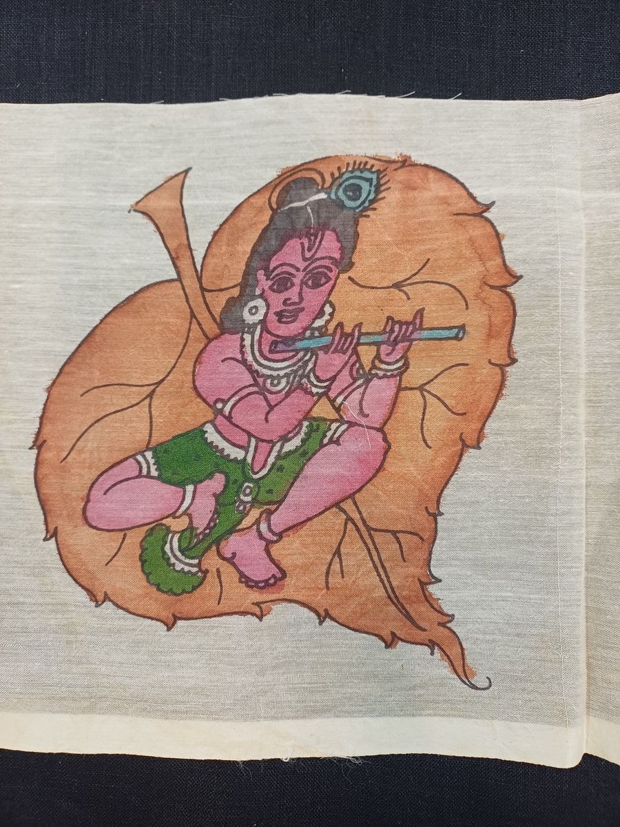 Cream Kalamkari Leaf Kanha patch with an elegant figurative design