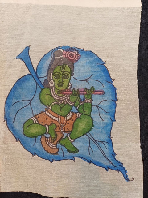 Blue Kalamkari patch with a figurative design and elegant detailing, sized 8 x 6 inch
