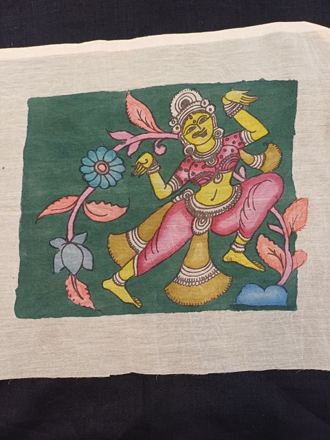 Green Kalamkari patch with a dancing figure design and clear figurative pattern