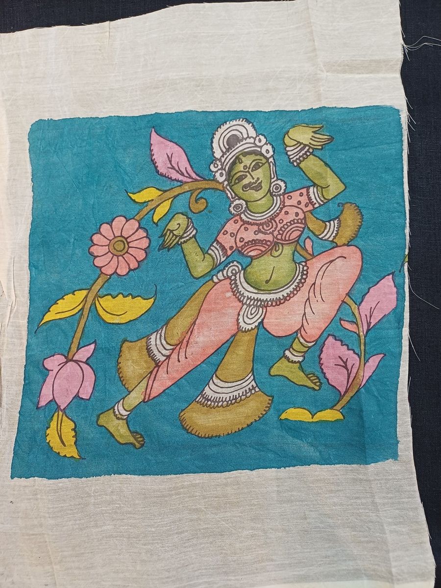 Multicolor Kalamkari dancing figure patch with a border and figurative design