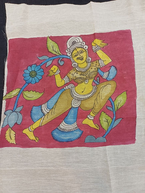 Pink Kalamkari patch with a dancing figure design and border, in an 11x9 inch size