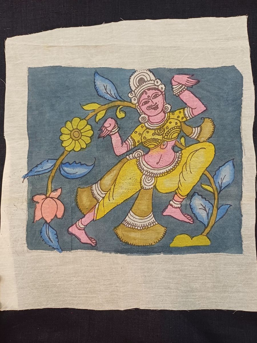 Multicolor Kalamkari Bangalore Silk patch with a dancing figure design and border