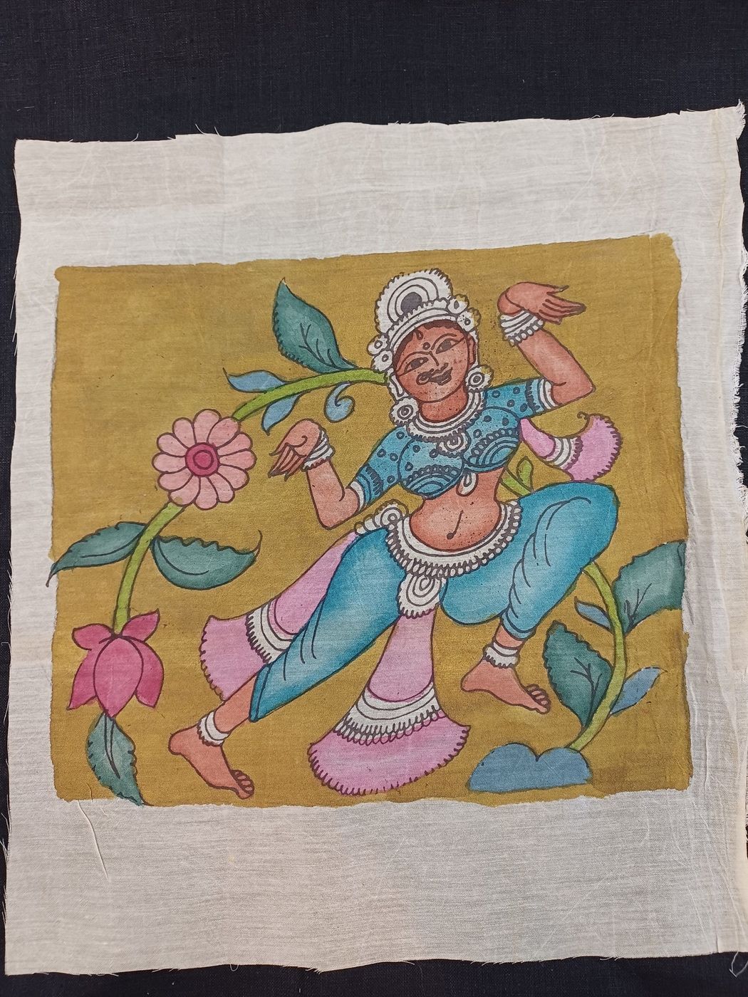 Beige Kalamkari Bangalore Silk patch with a figurative dancing figure design and clean textile artwork look