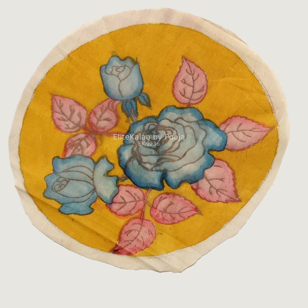 Yellow Kalamkari round floral textile patch with a border, 30 cm diameter