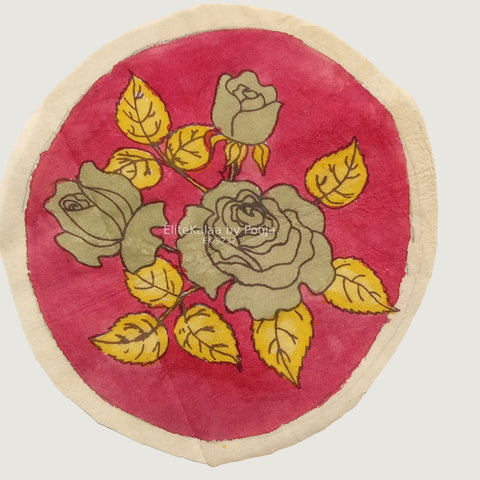 Pink Kalamkari floral round patch with a border, circular design, 30 cm diameter