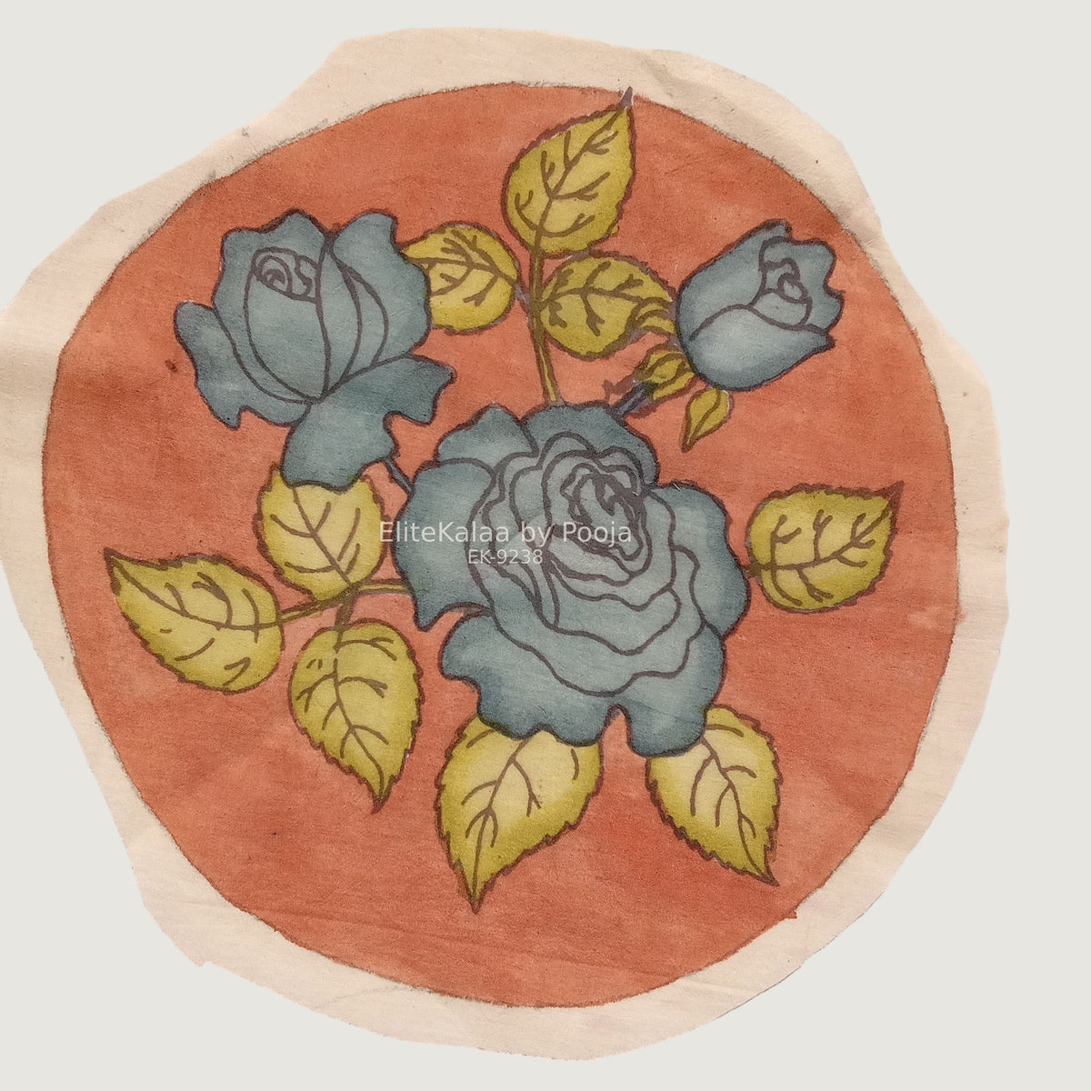 Rust Kalamkari round floral textile patch with a circular design, 30 cm diameter