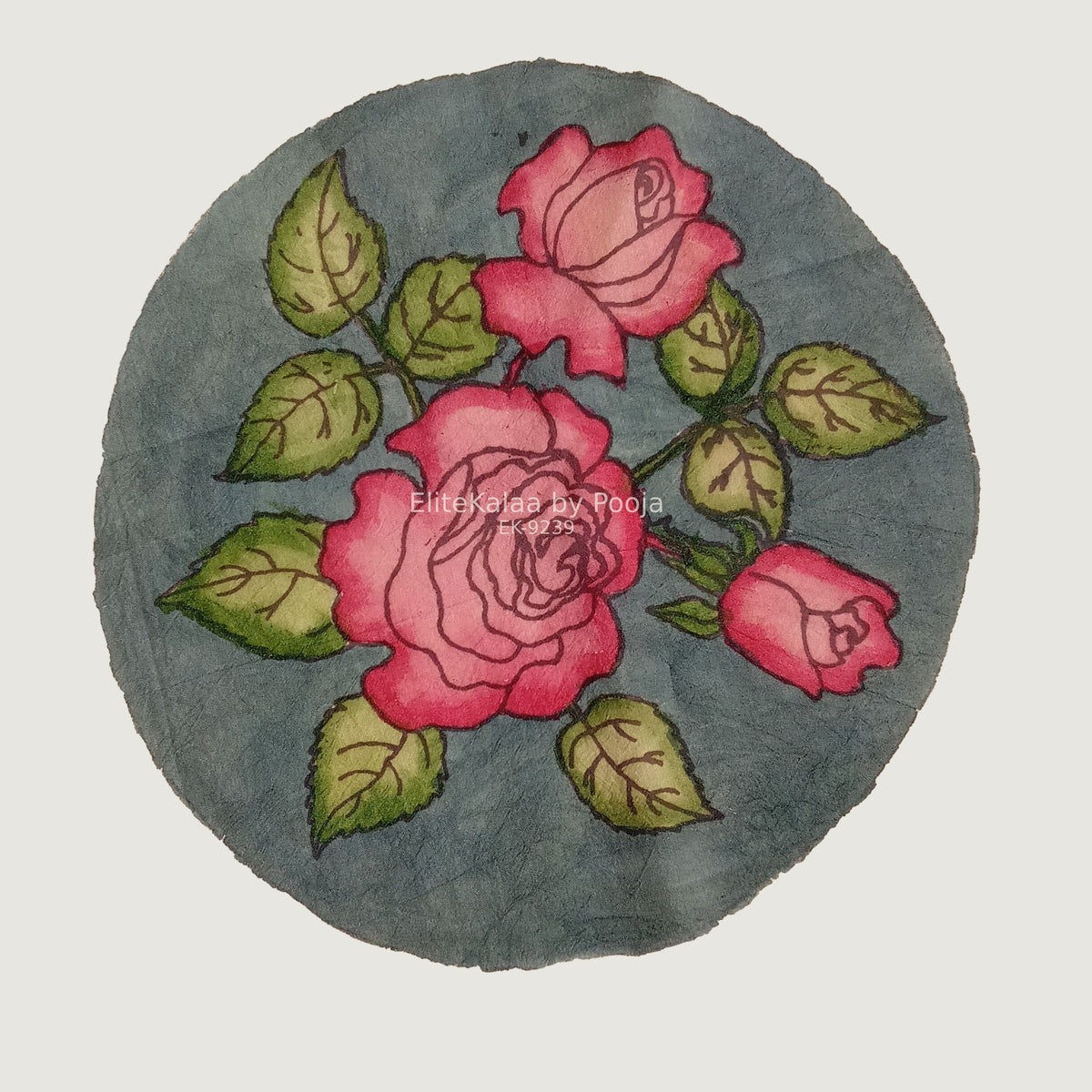 Pink circular Kalamkari floral patch with a border, 30 cm diameter
