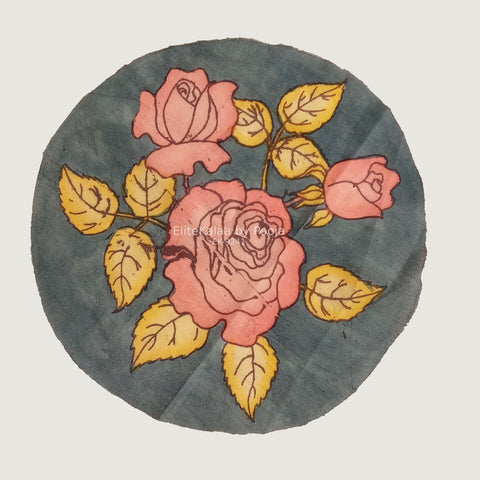 Green circular Kalamkari floral textile patch with border and hand-drawn floral design, 30 cm diameter