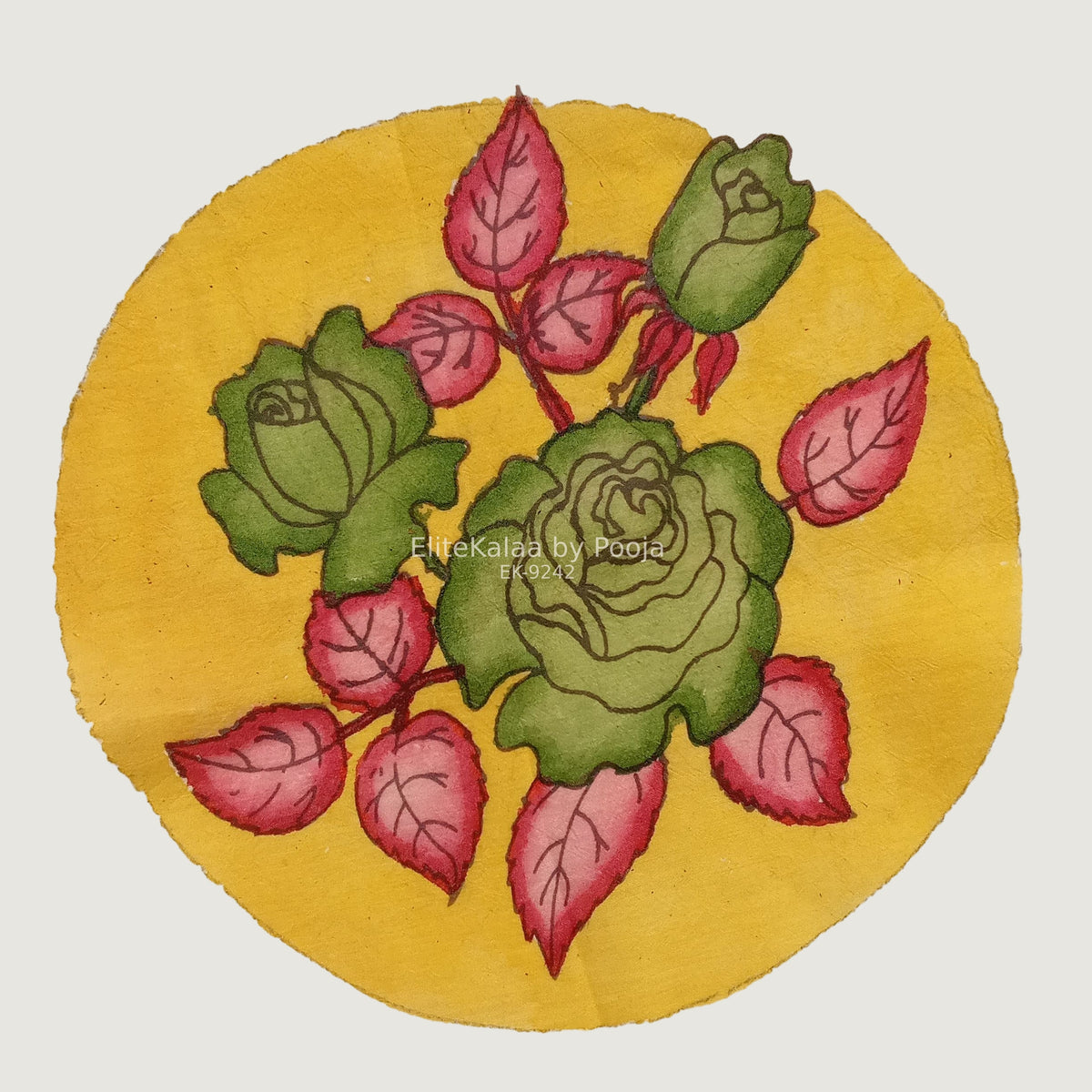 Yellow circular Kalamkari floral patch with a round border and hand-drawn design, 30 cm diameter