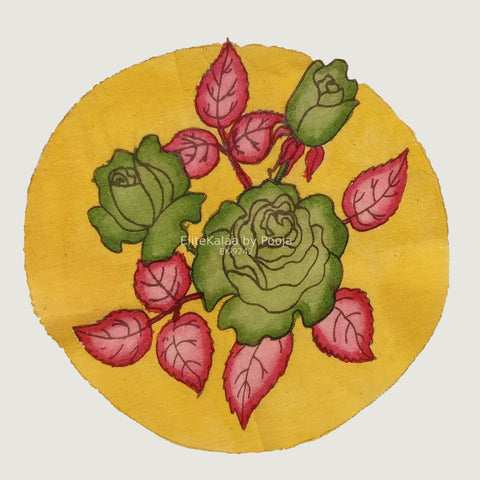 Yellow circular Kalamkari floral patch with a round border and hand-drawn design, 30 cm diameter