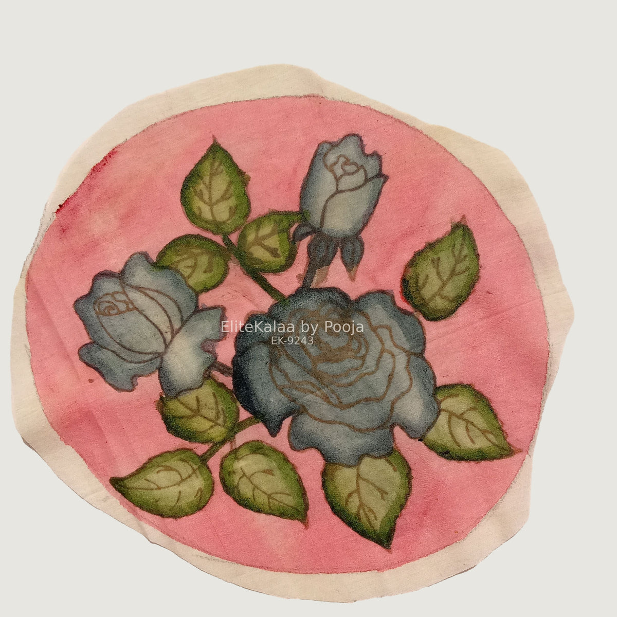 Pink circular Kalamkari floral patch with border detail, 30 cm diameter