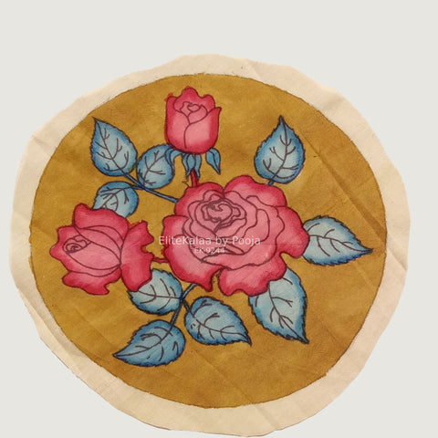 Yellow round Kalamkari floral patch with border detail and a rose-inspired design