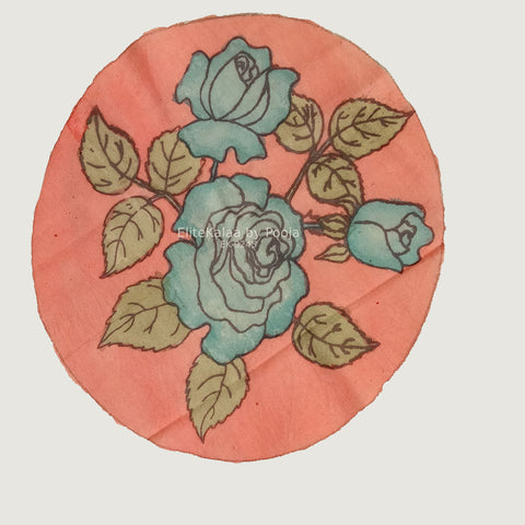 Pink circular Kalamkari floral patch with a border, 30 cm diameter