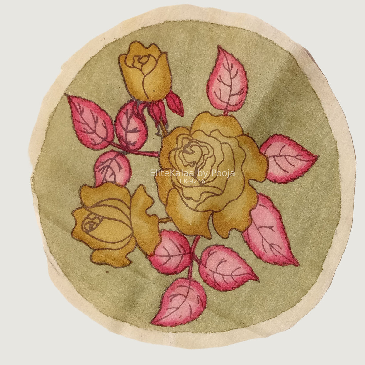 Rose Kalamkari floral round patch with a circular design and traditional hand-drawn, hand-painted look