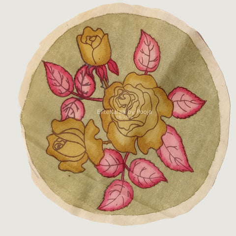Rose Kalamkari floral round patch with a circular design and traditional hand-drawn, hand-painted look