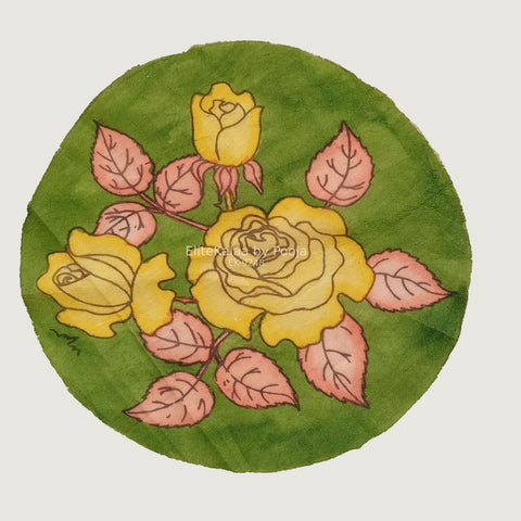 Green circular Kalamkari floral textile patch with a round border design, 30 cm diameter