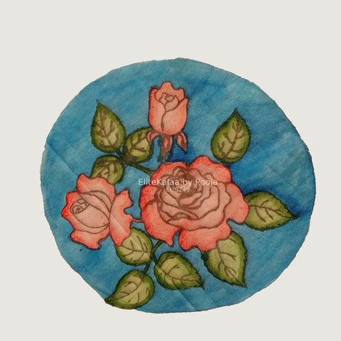 Blue circular Kalamkari floral patch with a rose-style design and border, 30 cm diameter