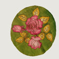 Green circular Kalamkari floral textile patch with a floral rose design, 30 cm diameter