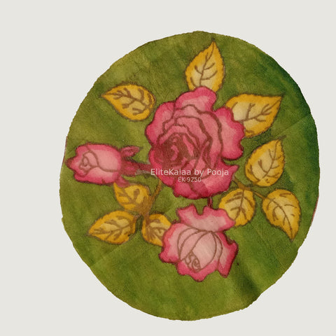 Green circular Kalamkari floral textile patch with a floral rose design, 30 cm diameter