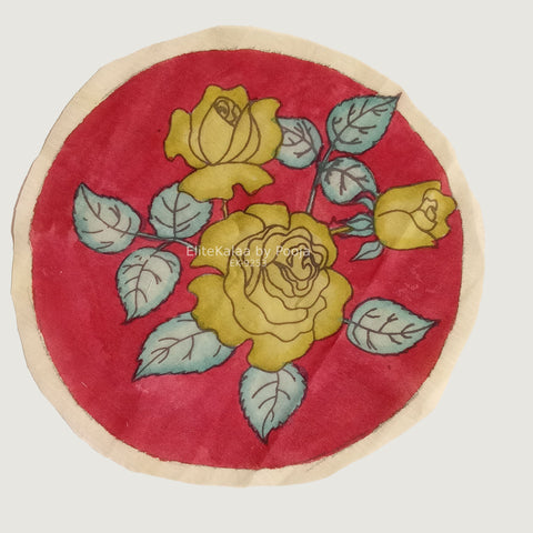 Red circular Kalamkari floral patch with a round border and hand-drawn floral motif, 30 cm diameter